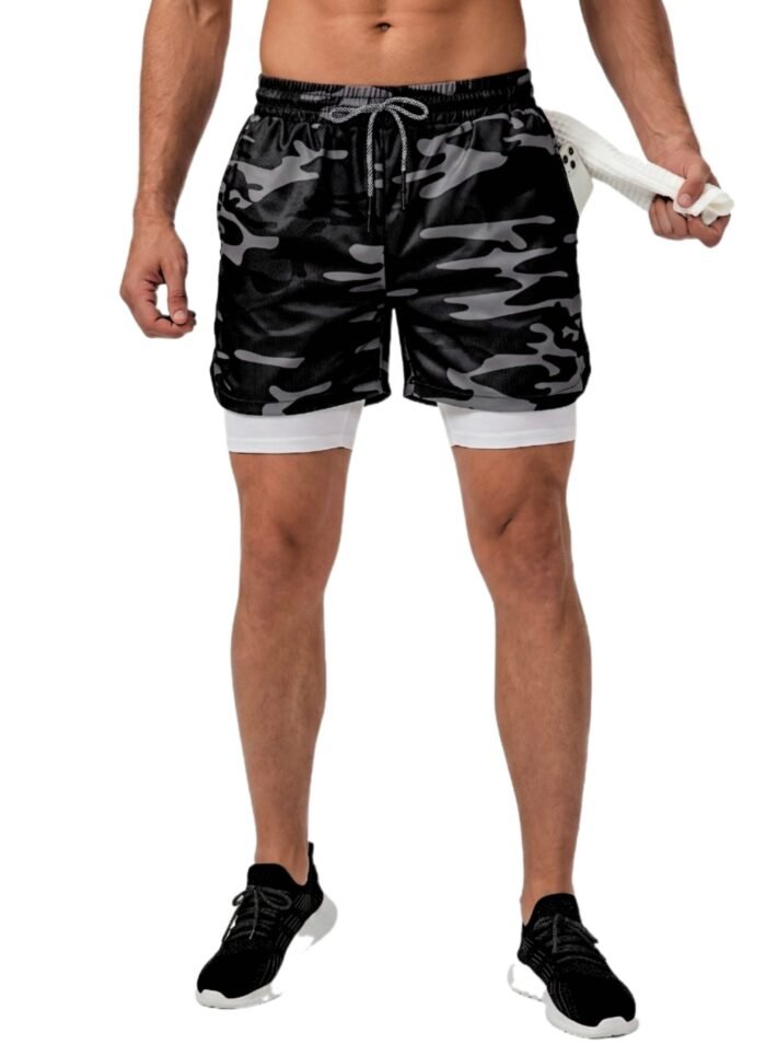 SprintHint 2-in-1 Black Camo Shorts-Black White — THUGFIT Activewear UAE
