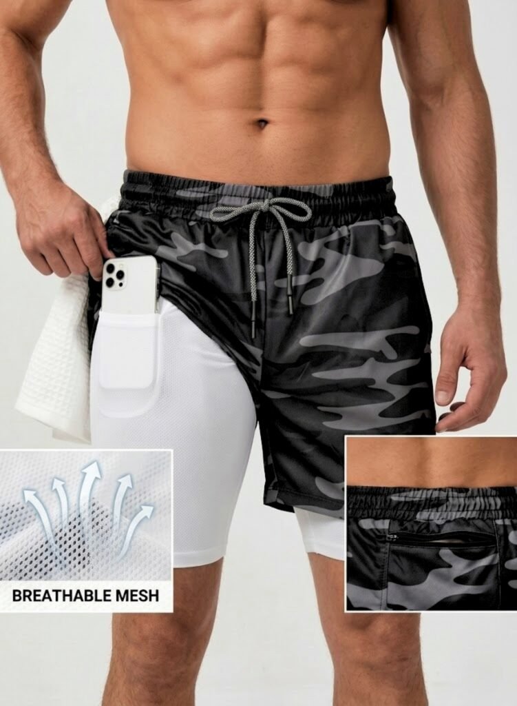 SprintHint 2-in-1 Black Camo Shorts-Black White — THUGFIT Activewear UAE