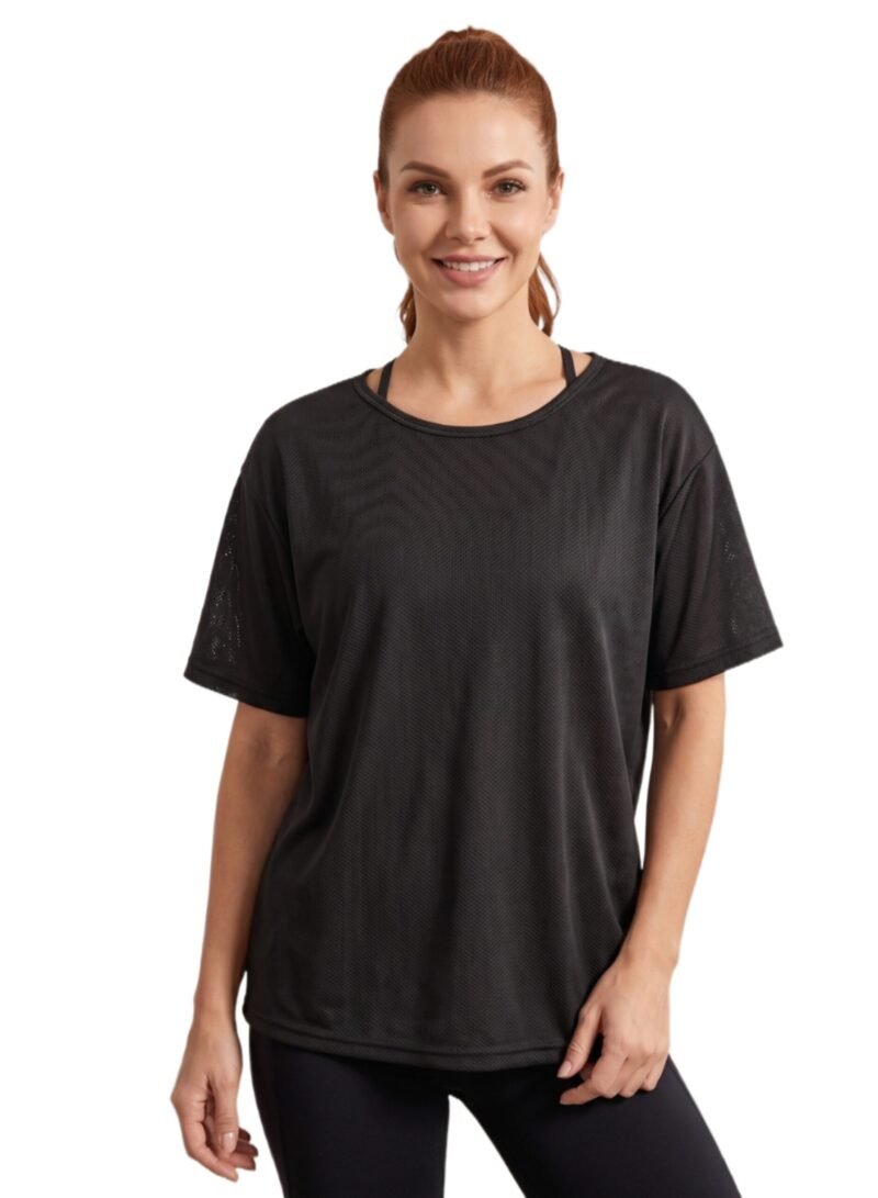 Loose Short Sleeve Mesh Crop Top-Black